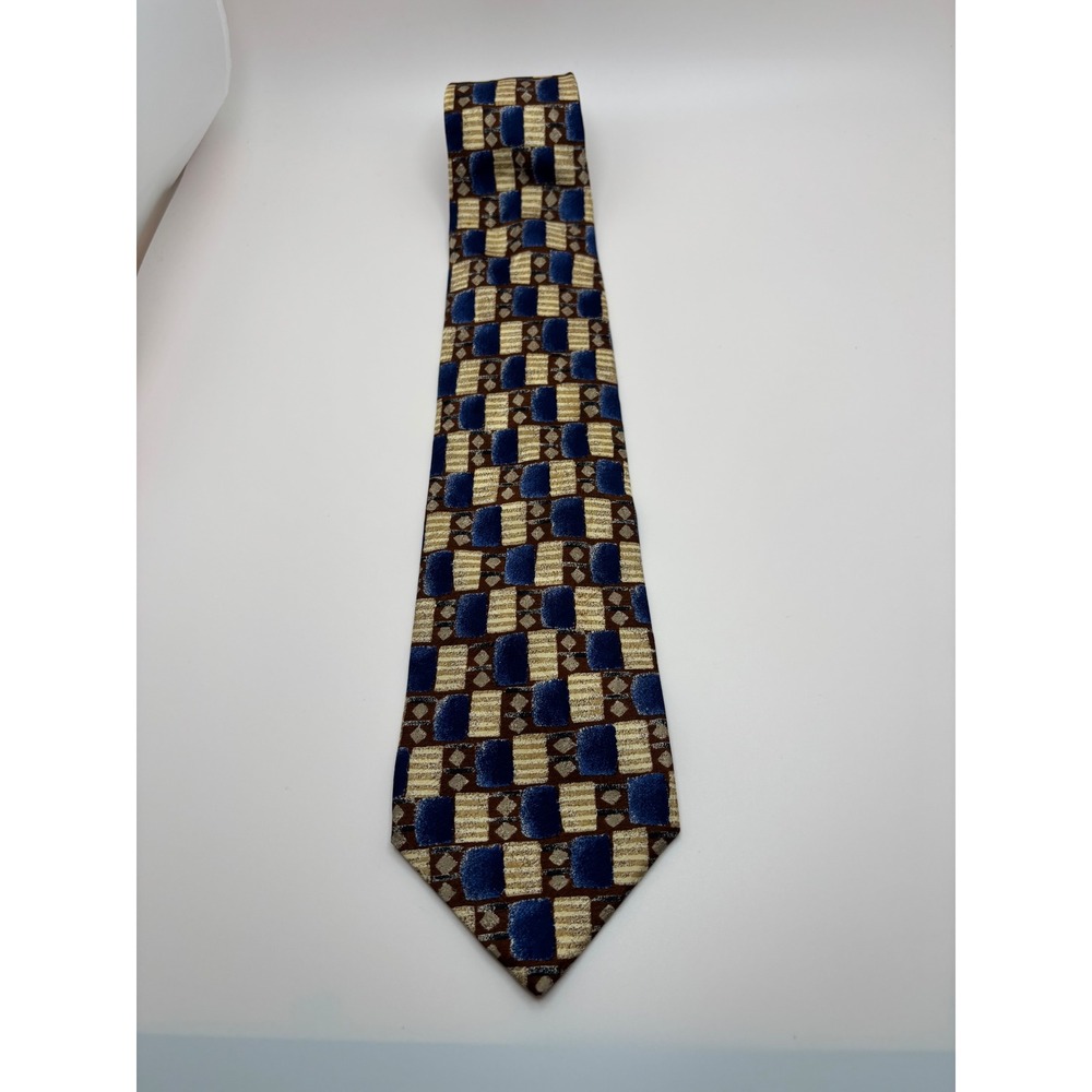 Fumagalli's Pure Silk Tie Blue Tan Brown Geometric Abstract Disegnata In Italia